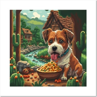 pixel art dog eating spaghetti in beautiful scene Posters and Art